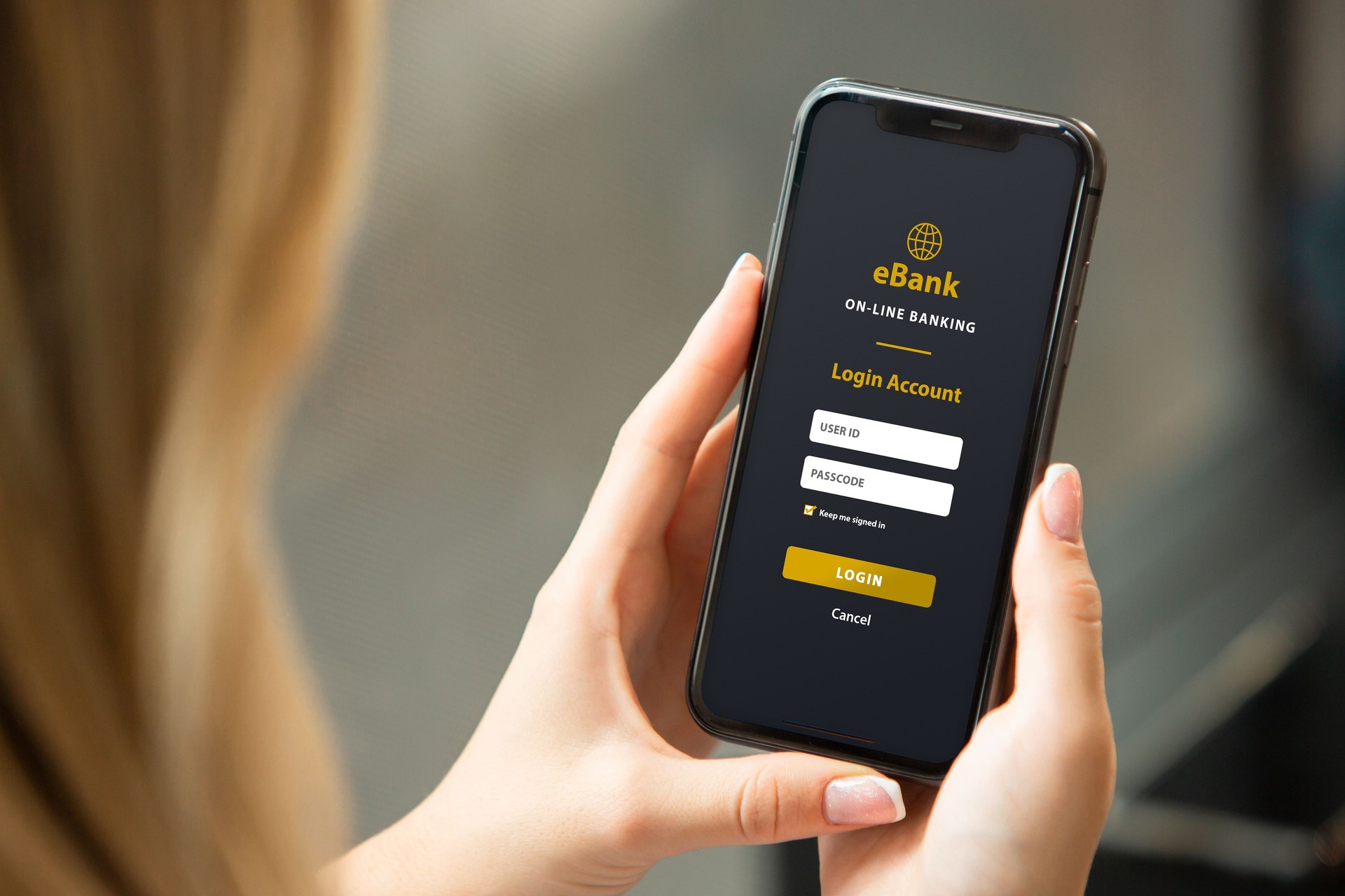 Woman Holding Mobile Phone with E-Banking Login Screen